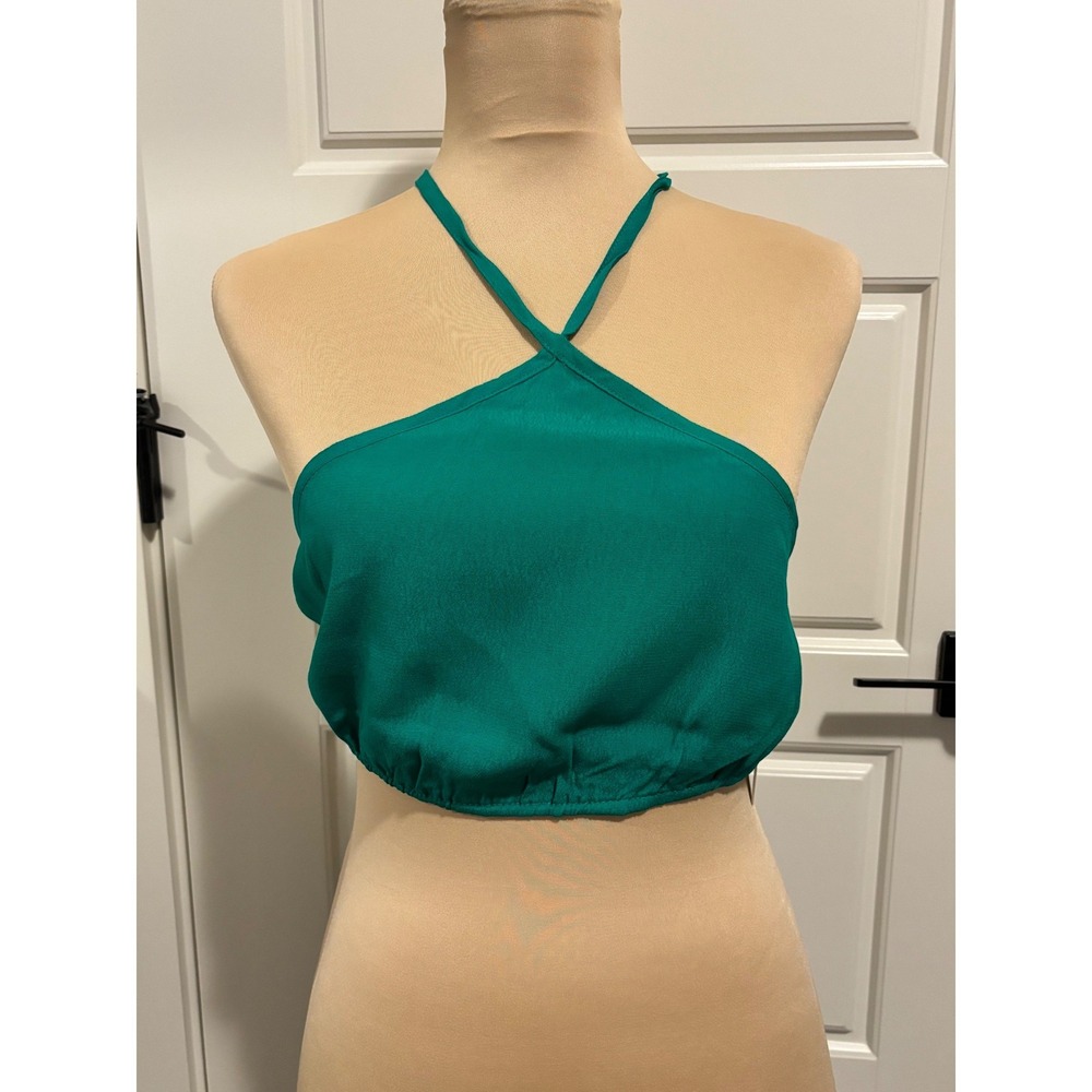 Olivaceous Halter Crop Top Womens Small Green Cross Front Tie Open Back - Picture 1 of 6